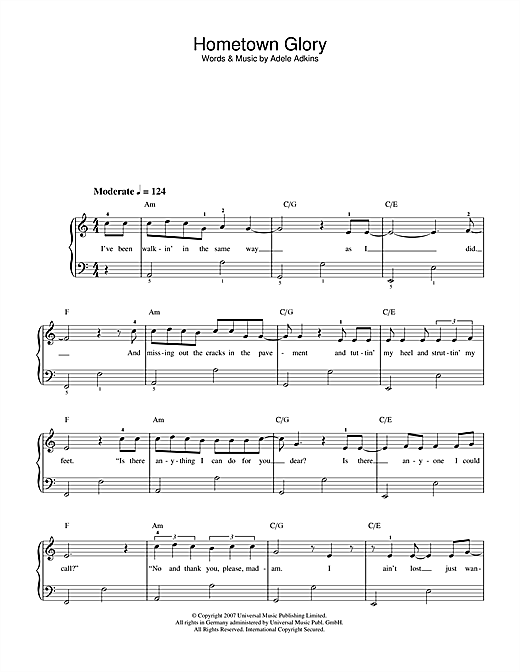 Adele Hometown Glory (Radio Edit) Sheet Music Notes & Chords for Beginner Piano - Download or Print PDF
