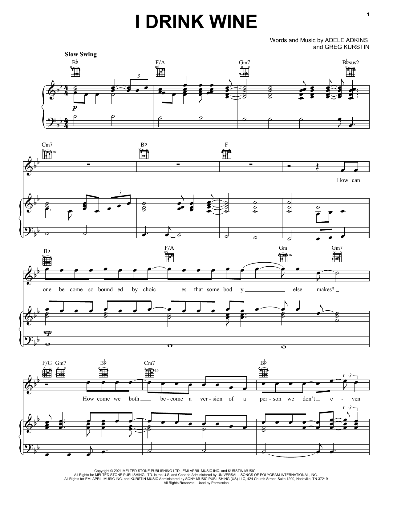 Adele I Drink Wine Sheet Music Notes & Chords for Piano, Vocal & Guitar Chords (Right-Hand Melody) - Download or Print PDF