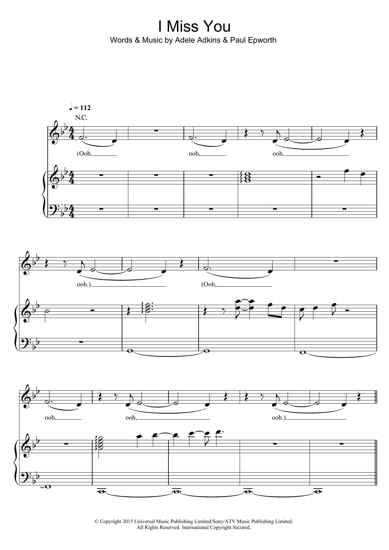 Adele I Miss You Sheet Music Notes & Chords for Piano, Vocal & Guitar (Right-Hand Melody) - Download or Print PDF