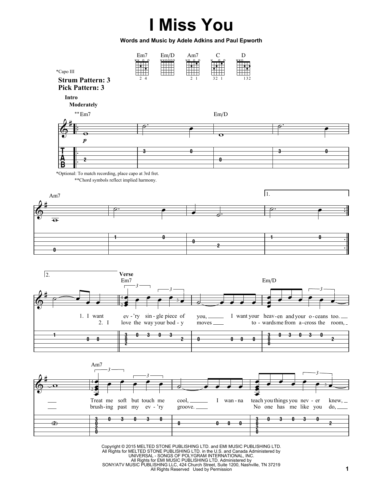 Preview Adele I Miss You Pop sheet music, notes and chords for Easy Guitar Tab, SKU: 163617 I Miss You sheet music