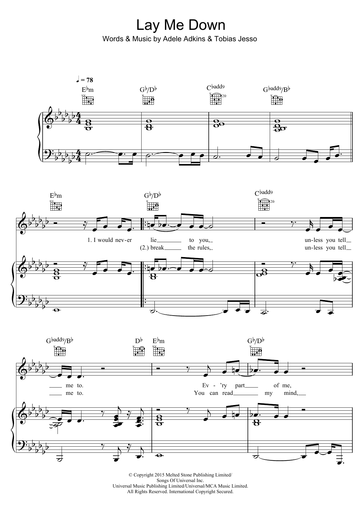Adele Lay Me Down Sheet Music Notes & Chords for Piano, Vocal & Guitar (Right-Hand Melody) - Download or Print PDF