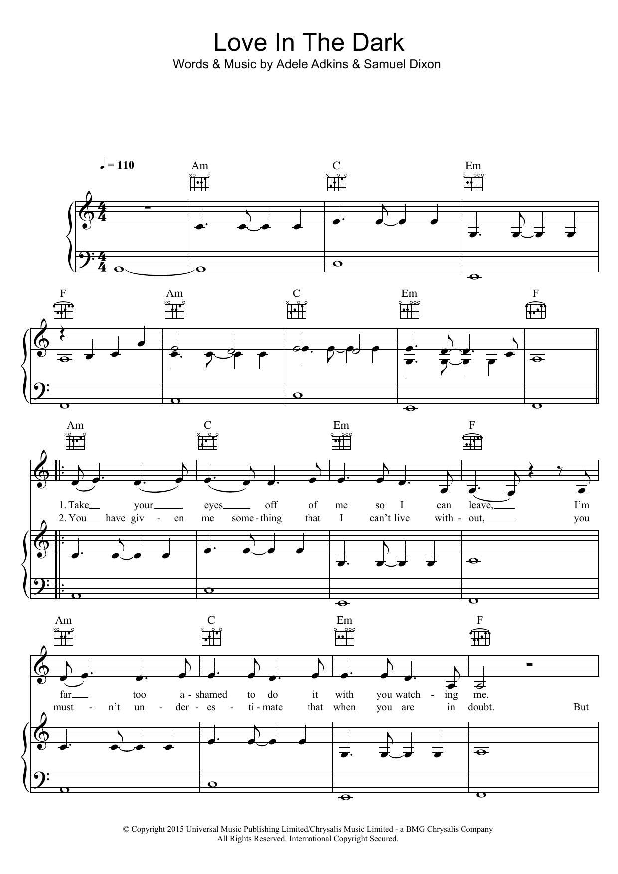 Adele Love In The Dark Sheet Music Notes & Chords for Piano, Vocal & Guitar (Right-Hand Melody) - Download or Print PDF