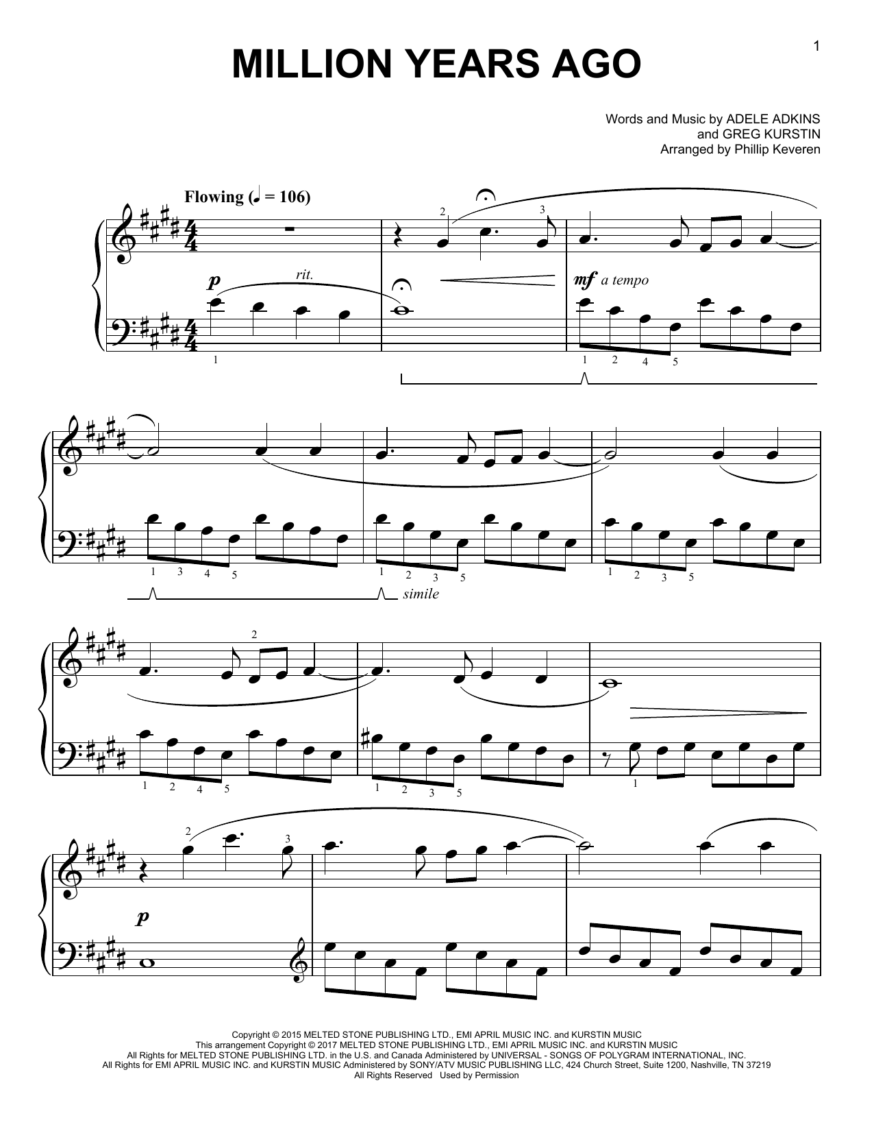 Adele Million Years Ago [Classical version] (arr. Phillip Keveren) Sheet Music Notes & Chords for Easy Piano - Download or Print PDF