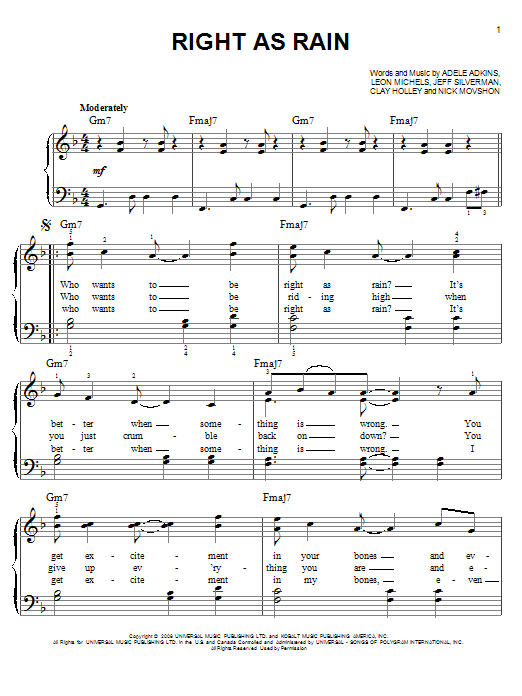 Preview Adele Right As Rain Pop sheet music, notes and chords for Lyrics & Chords, SKU: 113987 Right As Rain sheet music