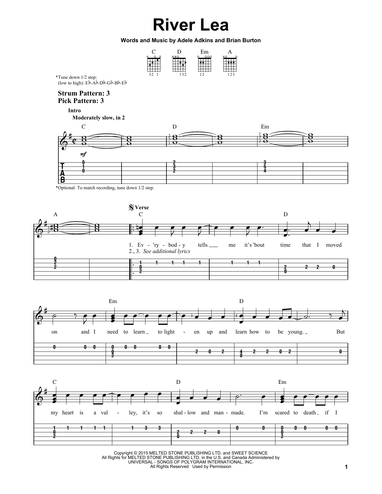 Preview Adele River Lea Pop sheet music, notes and chords for Easy Guitar Tab, SKU: 163622 River Lea sheet music
