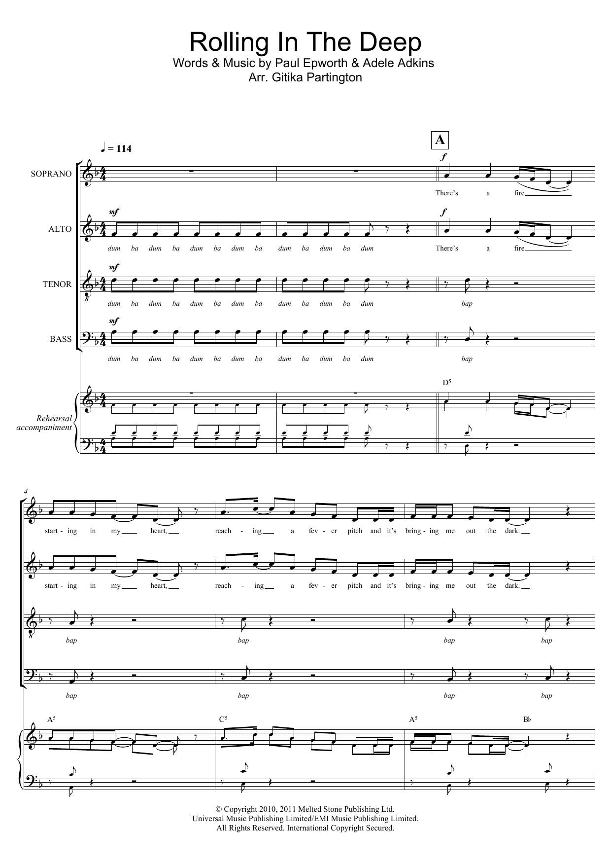 Adele Rolling In The Deep (arr. Gitika Partington) Sheet Music Notes & Chords for SATB - Download or Print PDF