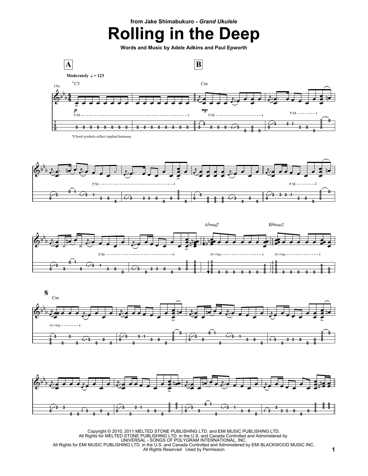 Adele Rolling In The Deep (arr. Jake Shimabukuro) Sheet Music Notes & Chords for UKETAB - Download or Print PDF