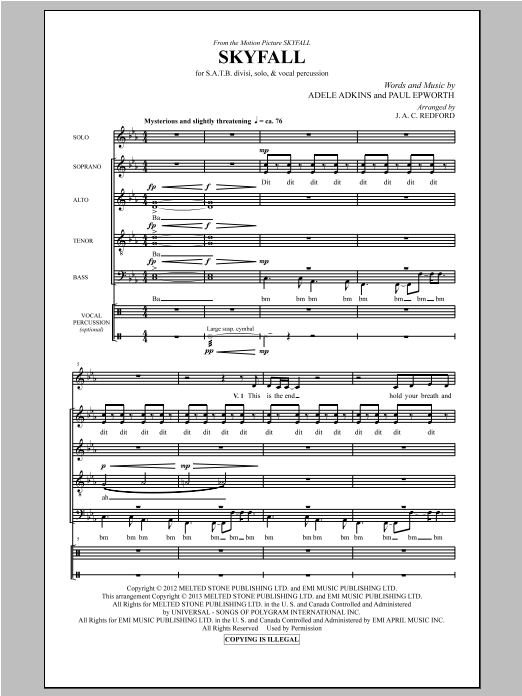 Adele Skyfall (arr. J.A.C. Redford) Sheet Music Notes & Chords for SATB - Download or Print PDF