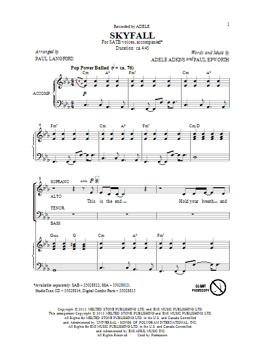 Adele Skyfall (arr. Paul Langford) Sheet Music Notes & Chords for SSA - Download or Print PDF