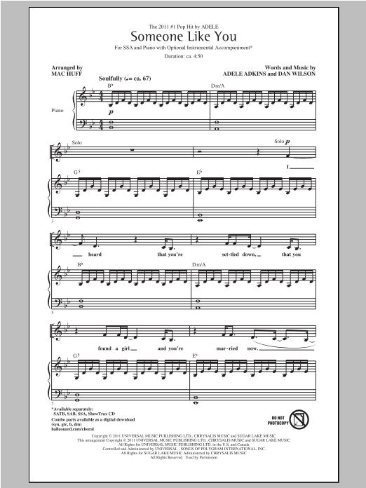 Adele Someone Like You (arr. Mac Huff) Sheet Music Notes & Chords for SSA - Download or Print PDF