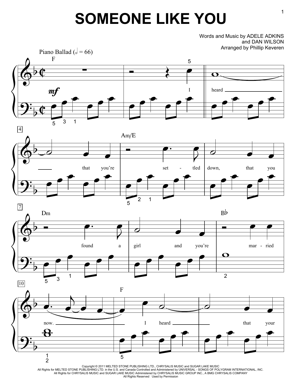 Adele Someone Like You Sheet Music Notes & Chords for Piano (Big Notes) - Download or Print PDF