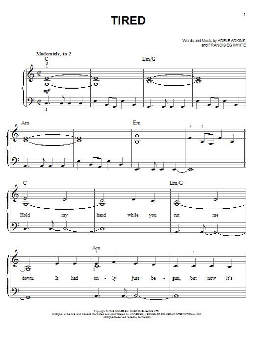 Adele Tired Sheet Music Notes & Chords for Beginner Piano - Download or Print PDF