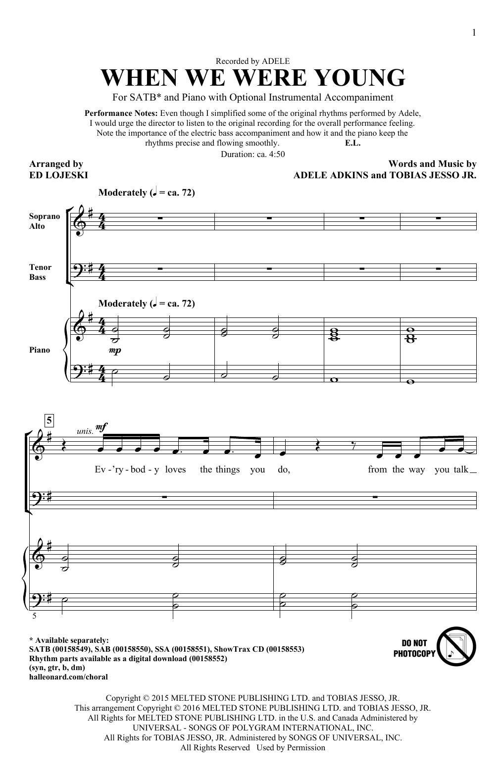 Adele When We Were Young (arr. Ed Lojeski) Sheet Music Notes & Chords for SATB - Download or Print PDF