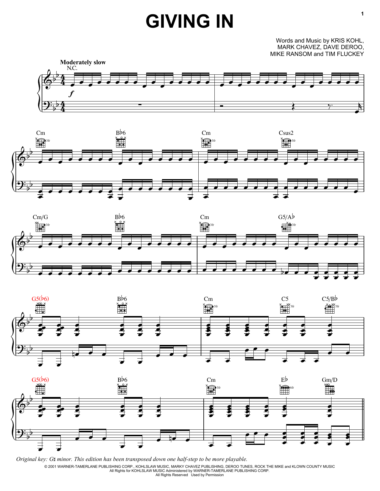 Adema Giving In Sheet Music Notes & Chords for Piano, Vocal & Guitar (Right-Hand Melody) - Download or Print PDF