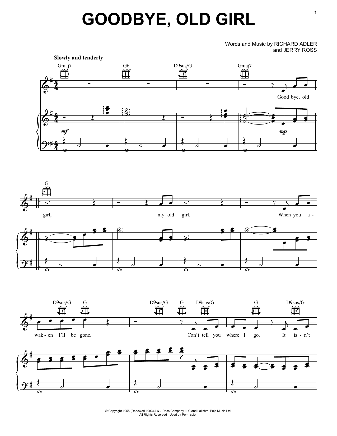 Adler & Ross Goodbye, Old Girl Sheet Music Notes & Chords for Piano, Vocal & Guitar (Right-Hand Melody) - Download or Print PDF