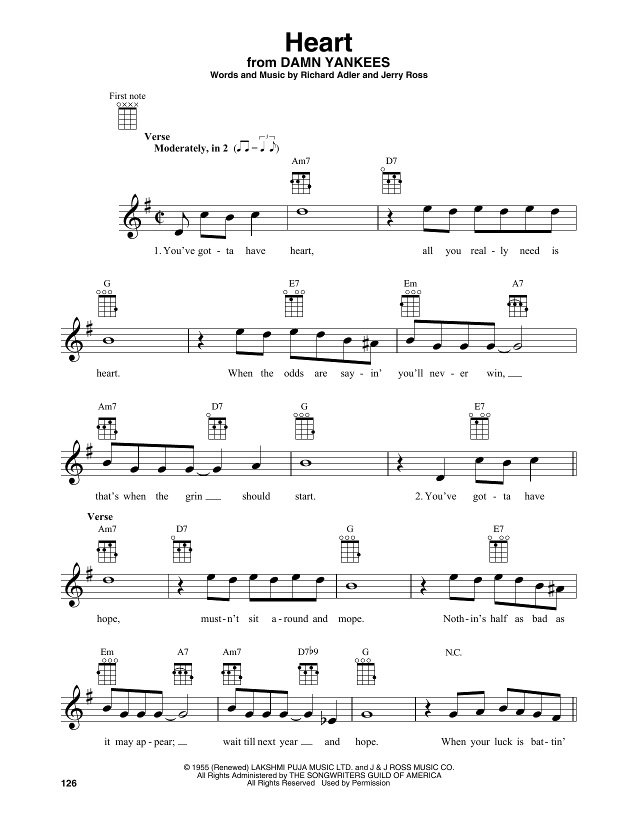 Adler & Ross Heart (from Damn Yankees) Sheet Music Notes & Chords for Baritone Ukulele - Download or Print PDF