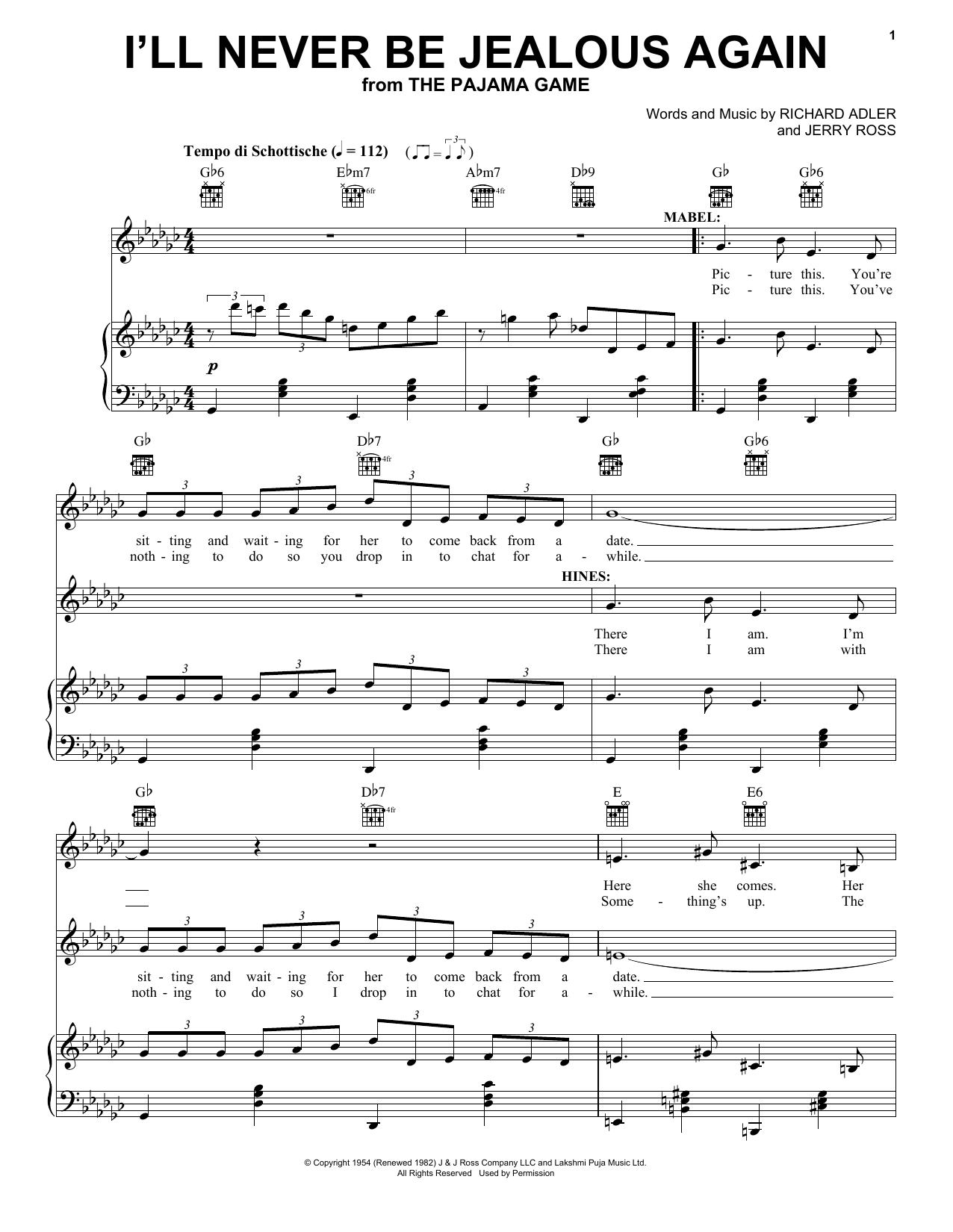 Adler & Ross I'll Never Be Jealous Again Sheet Music Notes & Chords for Piano, Vocal & Guitar (Right-Hand Melody) - Download or Print PDF