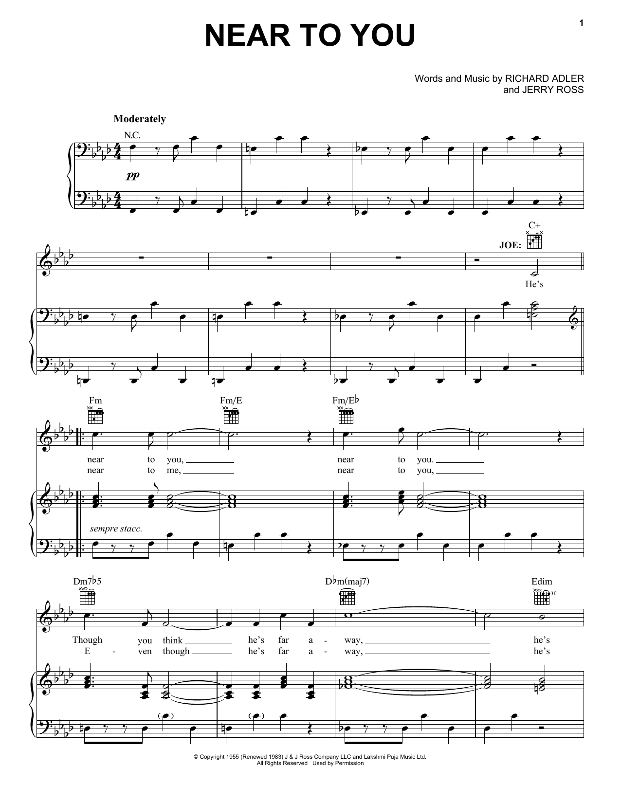 Adler & Ross Near To You Sheet Music Notes & Chords for Piano, Vocal & Guitar (Right-Hand Melody) - Download or Print PDF