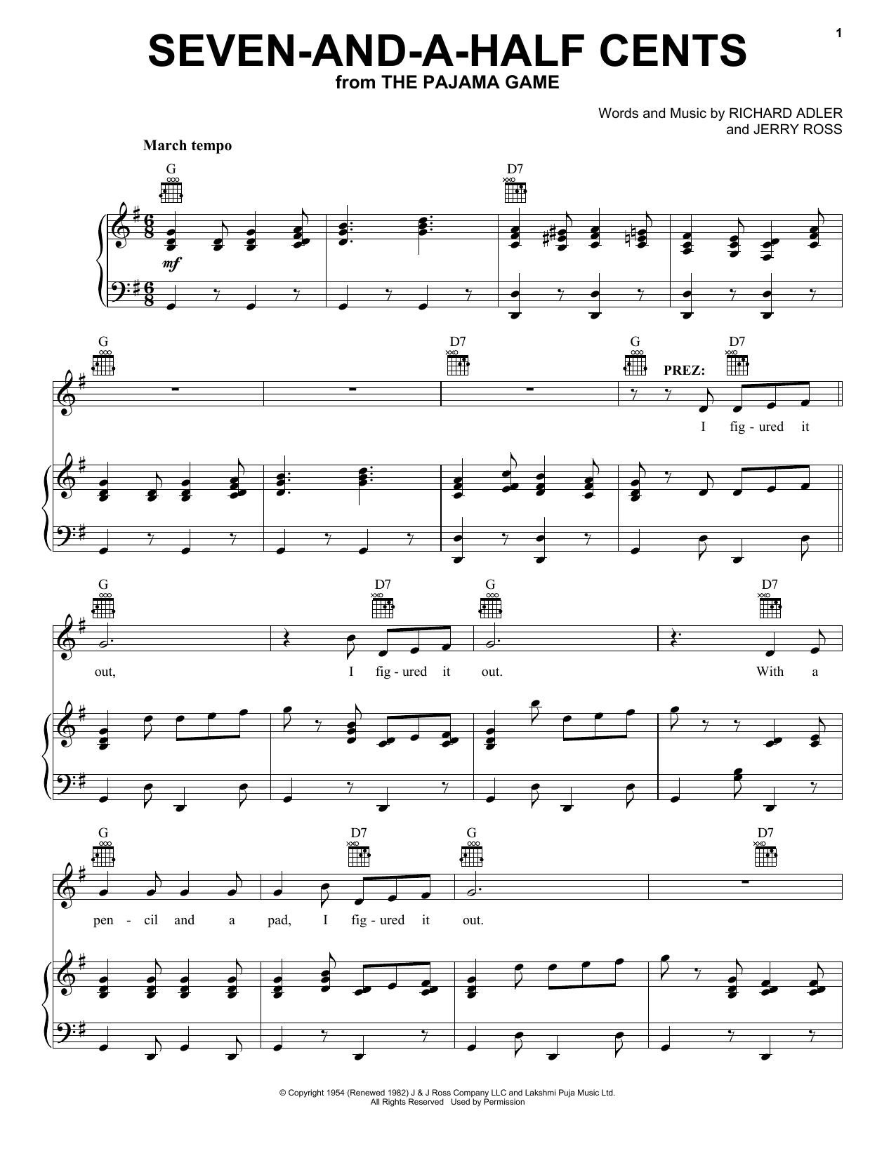 Adler & Ross Seven-And-A-Half Cents Sheet Music Notes & Chords for Piano, Vocal & Guitar (Right-Hand Melody) - Download or Print PDF