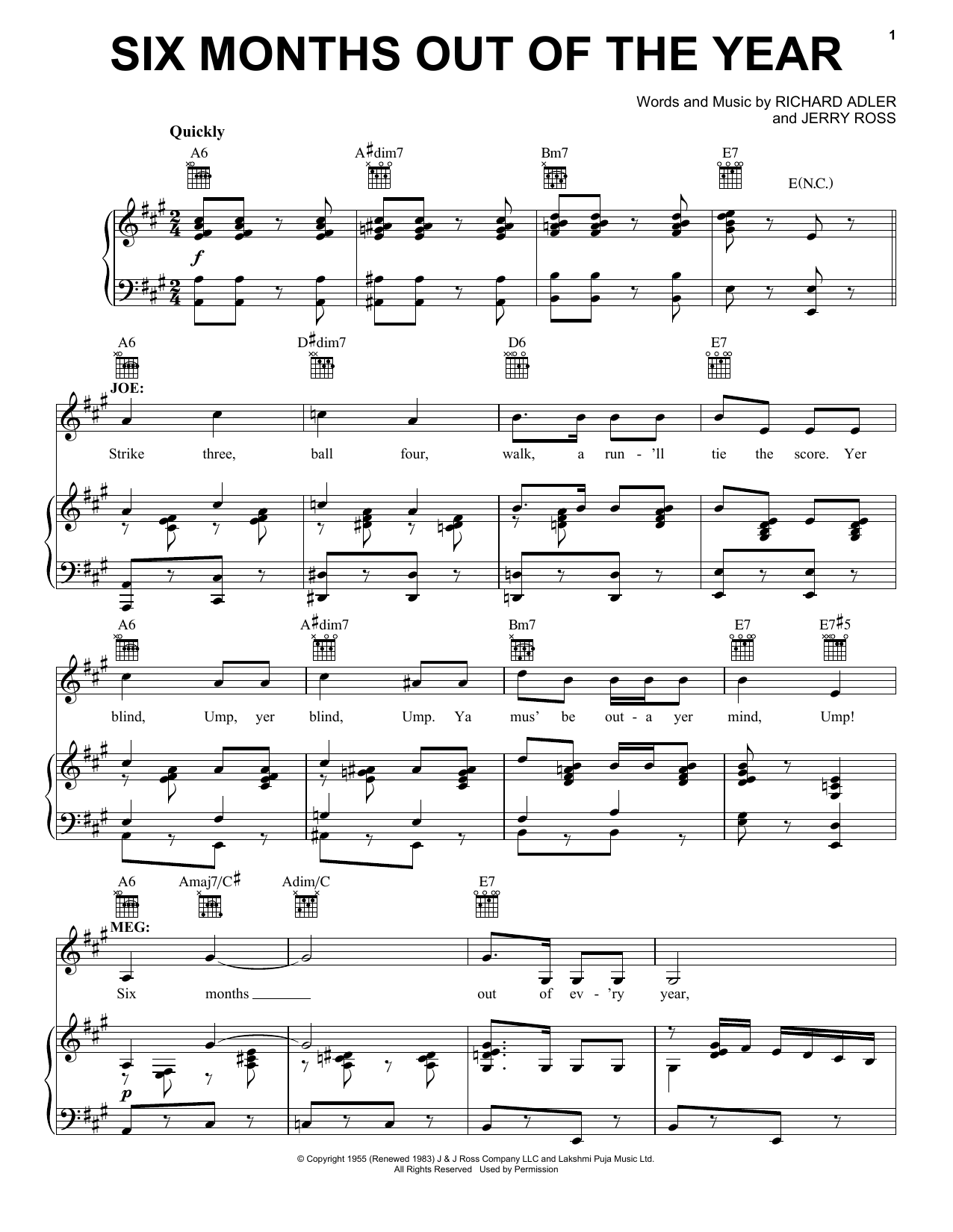 Adler & Ross Six Months Out Of The Year Sheet Music Notes & Chords for Piano, Vocal & Guitar (Right-Hand Melody) - Download or Print PDF