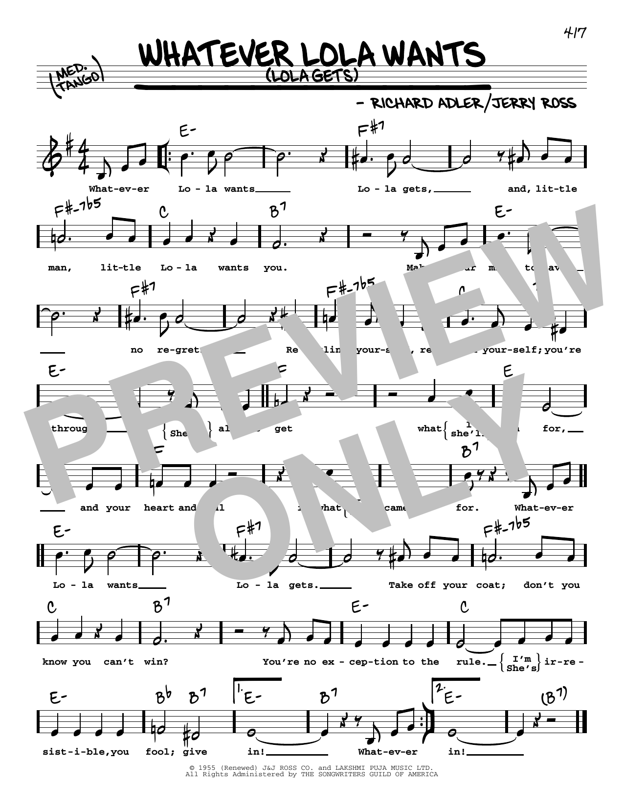 Adler & Ross Whatever Lola Wants (Lola Gets) (High Voice) Sheet Music Notes & Chords for Real Book – Melody, Lyrics & Chords - Download or Print PDF
