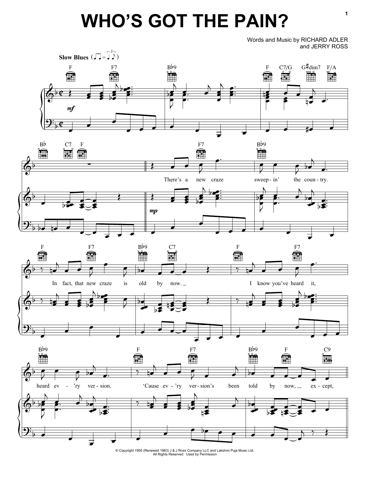 Adler & Ross Who's Got The Pain? Sheet Music Notes & Chords for Piano, Vocal & Guitar (Right-Hand Melody) - Download or Print PDF
