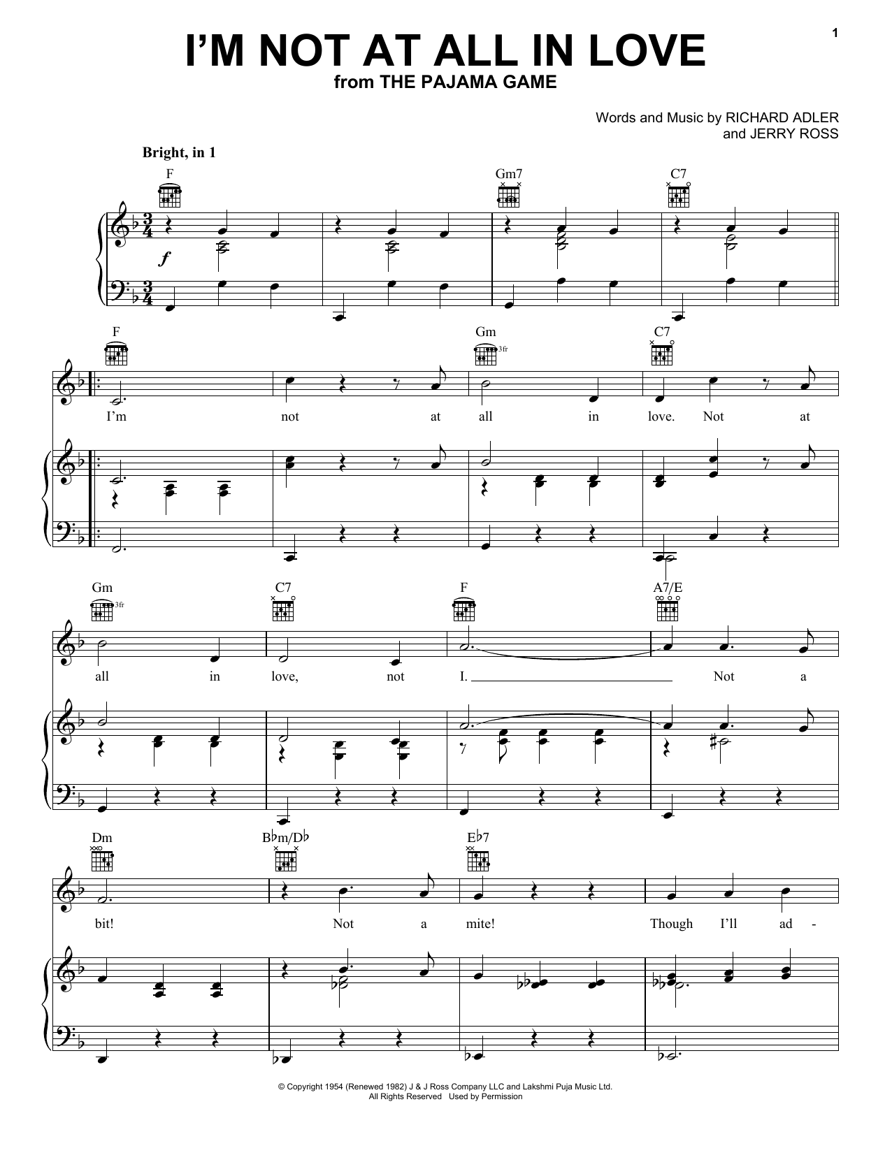 Preview Adler & Ross I'm Not At All In Love Broadway sheet music, notes and chords for Piano, Vocal & Guitar (Right-Hand Melody), SKU: 185543 I'm Not At All In Love sheet music