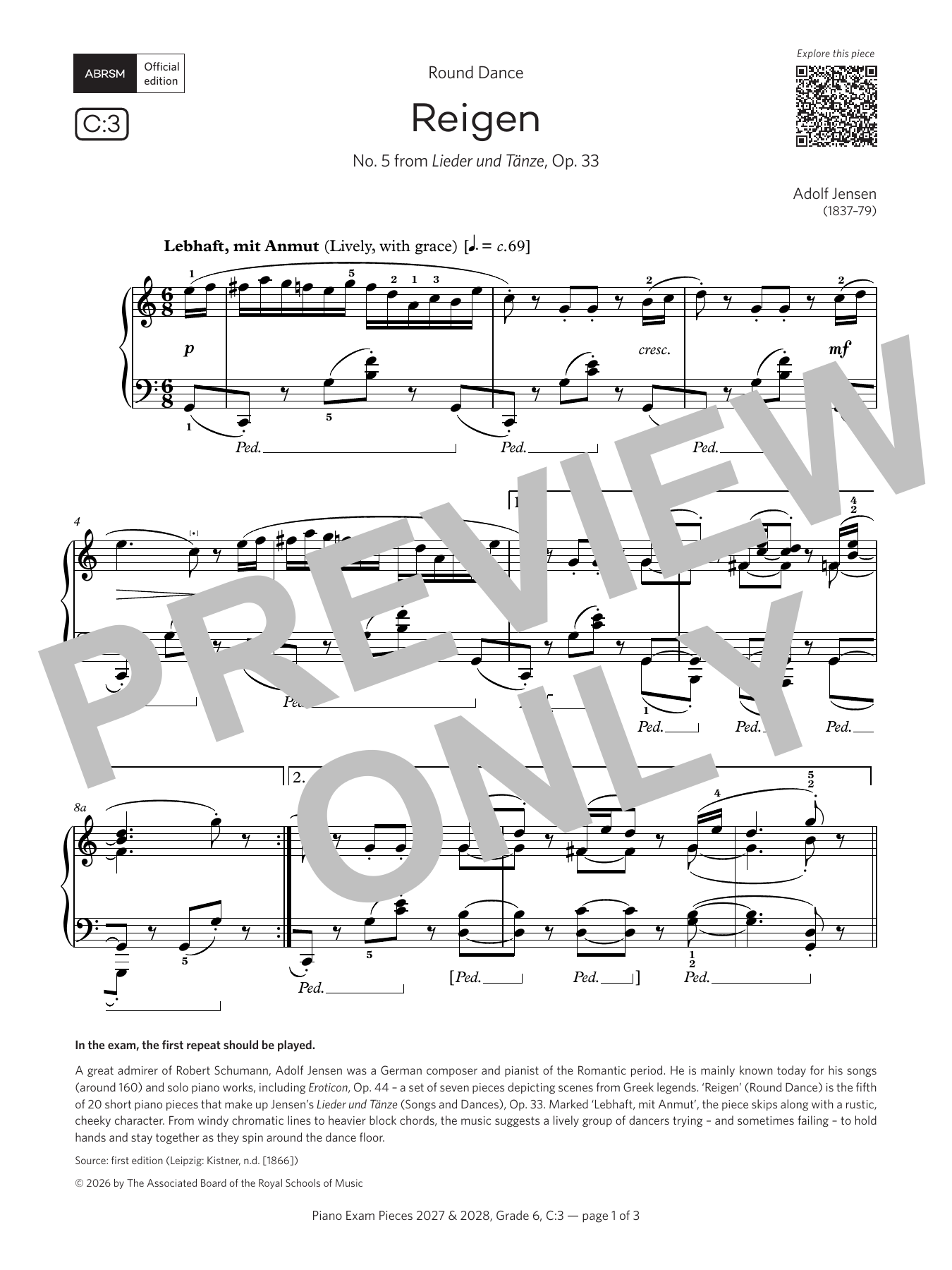 Adolf Jensen Reigen (Grade 6, list C3, from the ABRSM Piano Syllabus 2027 & 2028) Sheet Music Notes & Chords for Piano Solo - Download or Print PDF