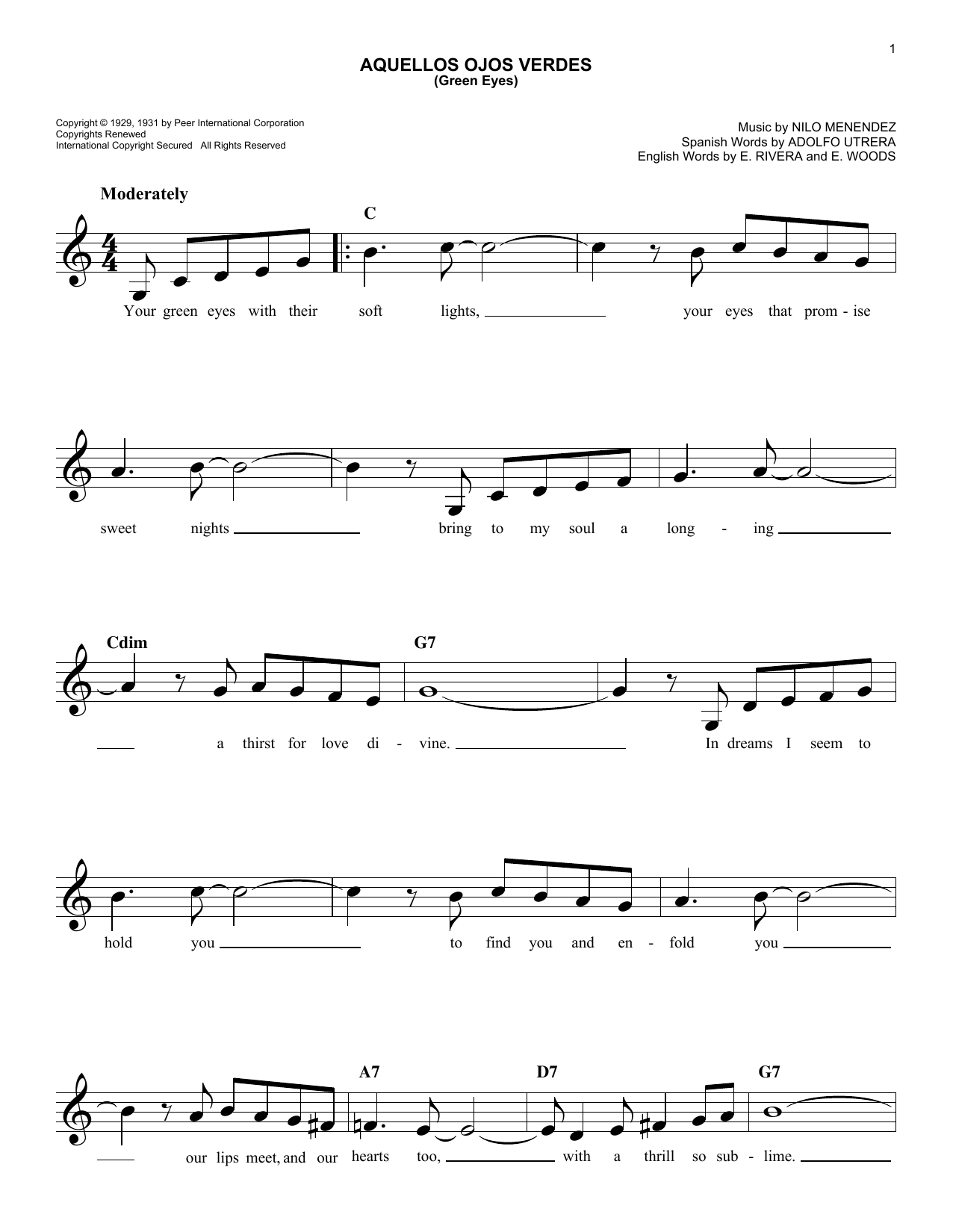 Adolfo Utrera Aquellos Ojos Verdes (Green Eyes) Sheet Music Notes & Chords for Melody Line, Lyrics & Chords - Download or Print PDF