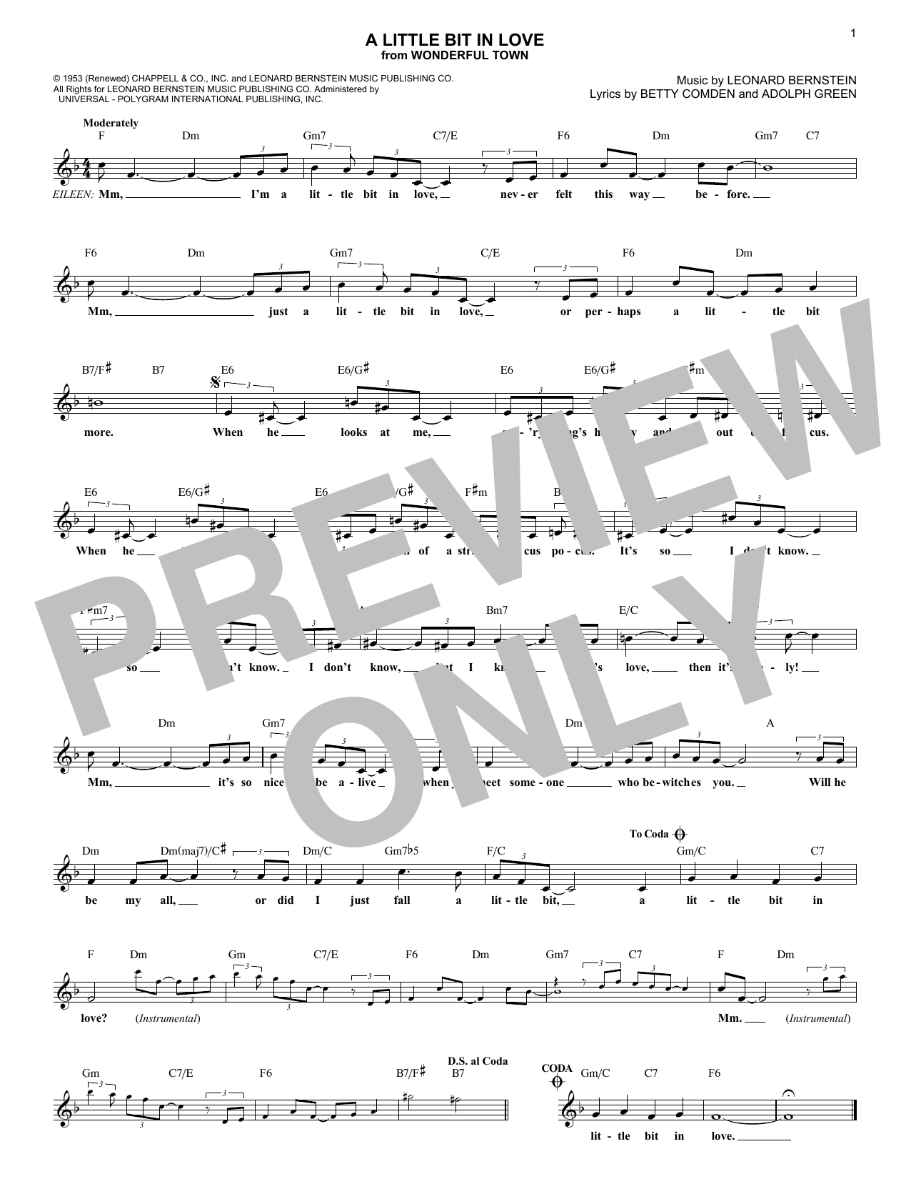 Adolph Green A Little Bit In Love Sheet Music Notes & Chords for Melody Line, Lyrics & Chords - Download or Print PDF