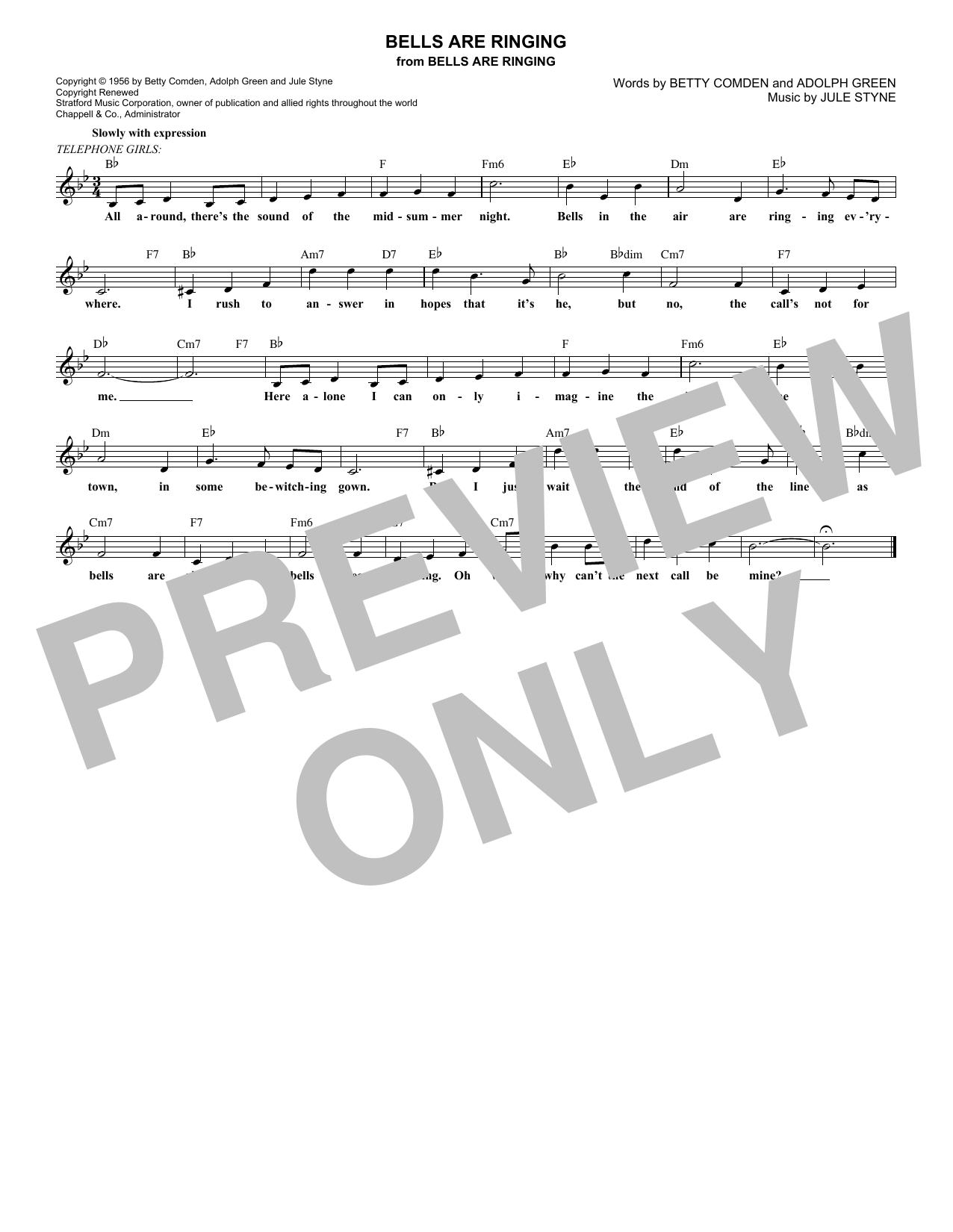 Adolph Green Bells Are Ringing Sheet Music Notes & Chords for Melody Line, Lyrics & Chords - Download or Print PDF