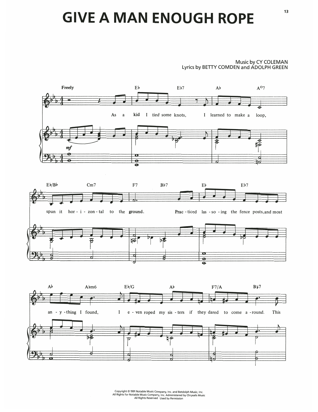 Adolph Green Give A Man Enough Rope (from The Will Rogers Follies) Sheet Music Notes & Chords for Piano & Vocal - Download or Print PDF