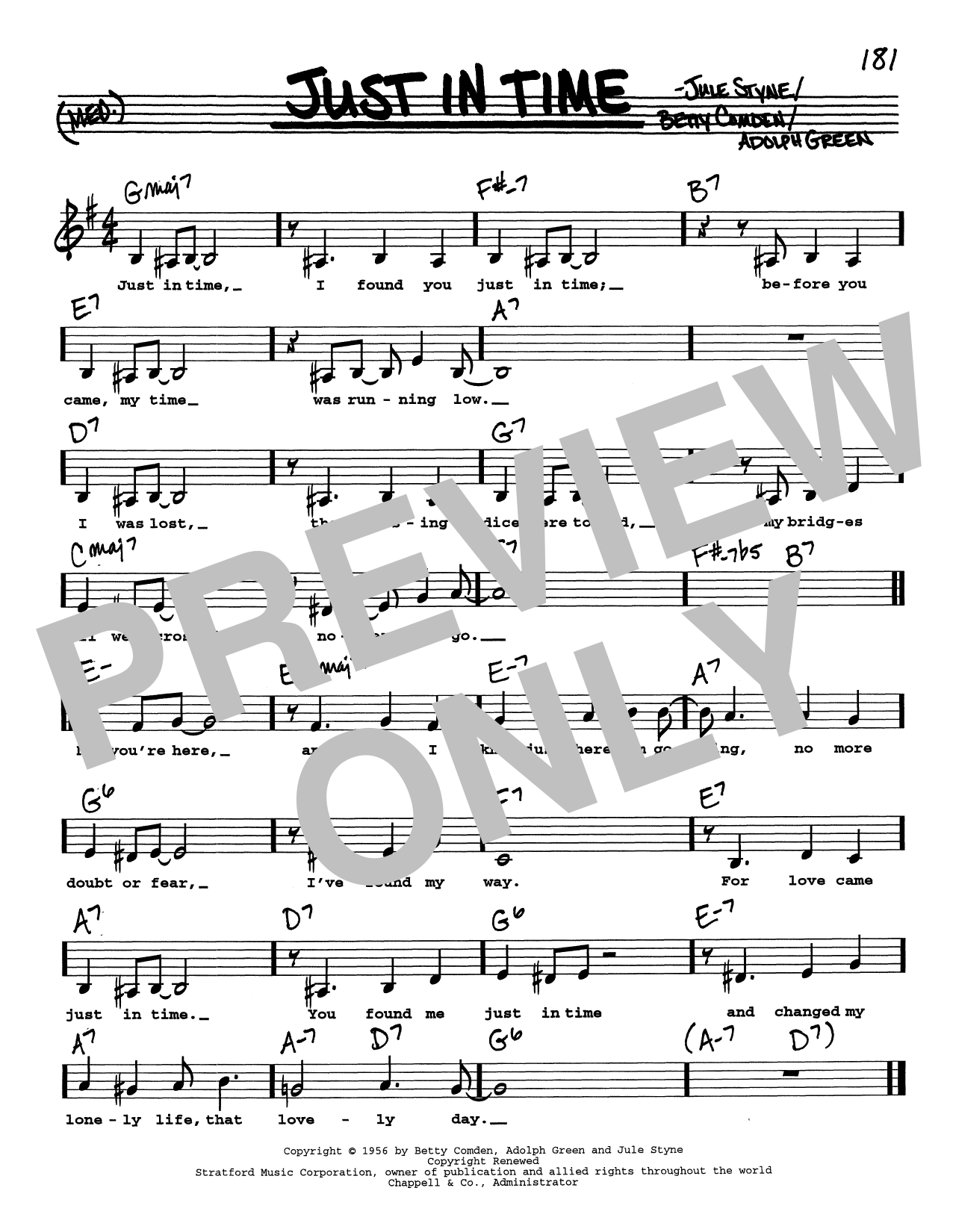 Adolph Green Just In Time (Low Voice) Sheet Music Notes & Chords for Real Book – Melody, Lyrics & Chords - Download or Print PDF