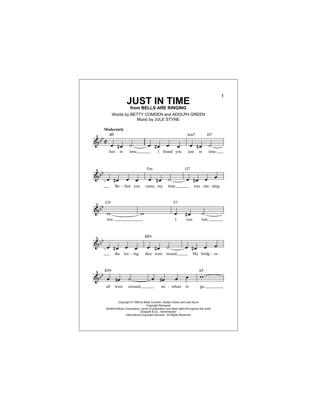 Adolph Green Just In Time Sheet Music Notes & Chords for Melody Line, Lyrics & Chords - Download or Print PDF
