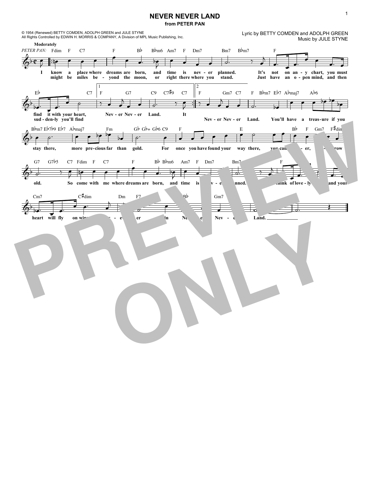 Adolph Green Never Never Land (from Peter Pan) Sheet Music Notes & Chords for Lead Sheet / Fake Book - Download or Print PDF