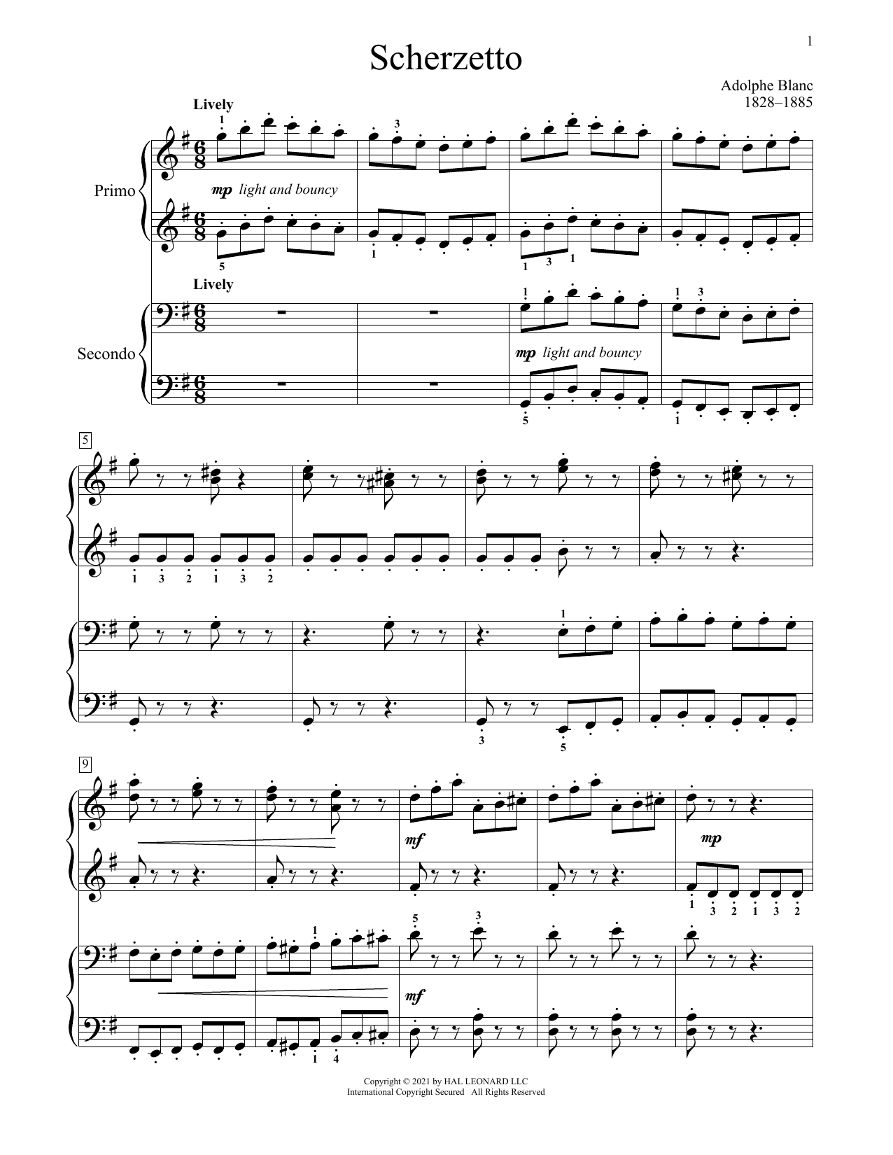 Adolphe Blanc Scherzetto Sheet Music Notes & Chords for Piano Duet - Download or Print PDF