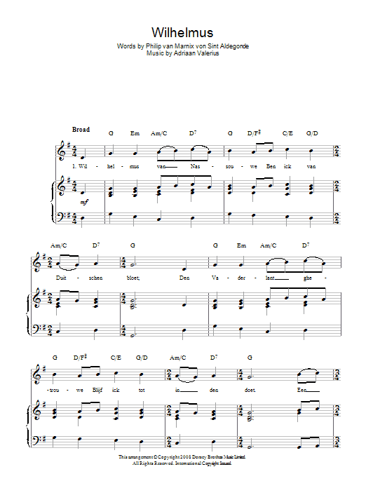 Adriaan Valerius Wilhelmus (Netherlands National Anthem) Sheet Music Notes & Chords for Piano, Vocal & Guitar (Right-Hand Melody) - Download or Print PDF