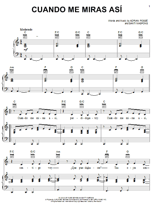 Preview Adrian Posse Cuando Me Miras Asi Pop sheet music, notes and chords for Piano, Vocal & Guitar (Right-Hand Melody), SKU: 25690 Cuando Me Miras Asi sheet music