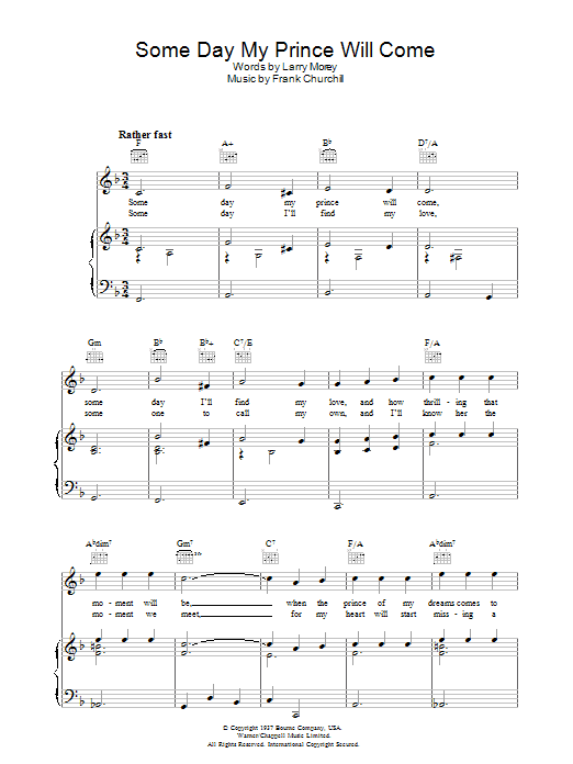 Preview Adriana Caselotti Some Day My Prince Will Come (from Walt Disney's Snow White And The Seven Dwarfs) Children sheet music, notes and chords for Piano, Vocal & Guitar (Right-Hand Melody), SKU: 33614 Some Day My Prince Will Come (from Walt Disney's Snow White And The Seven Dwarfs) sheet music