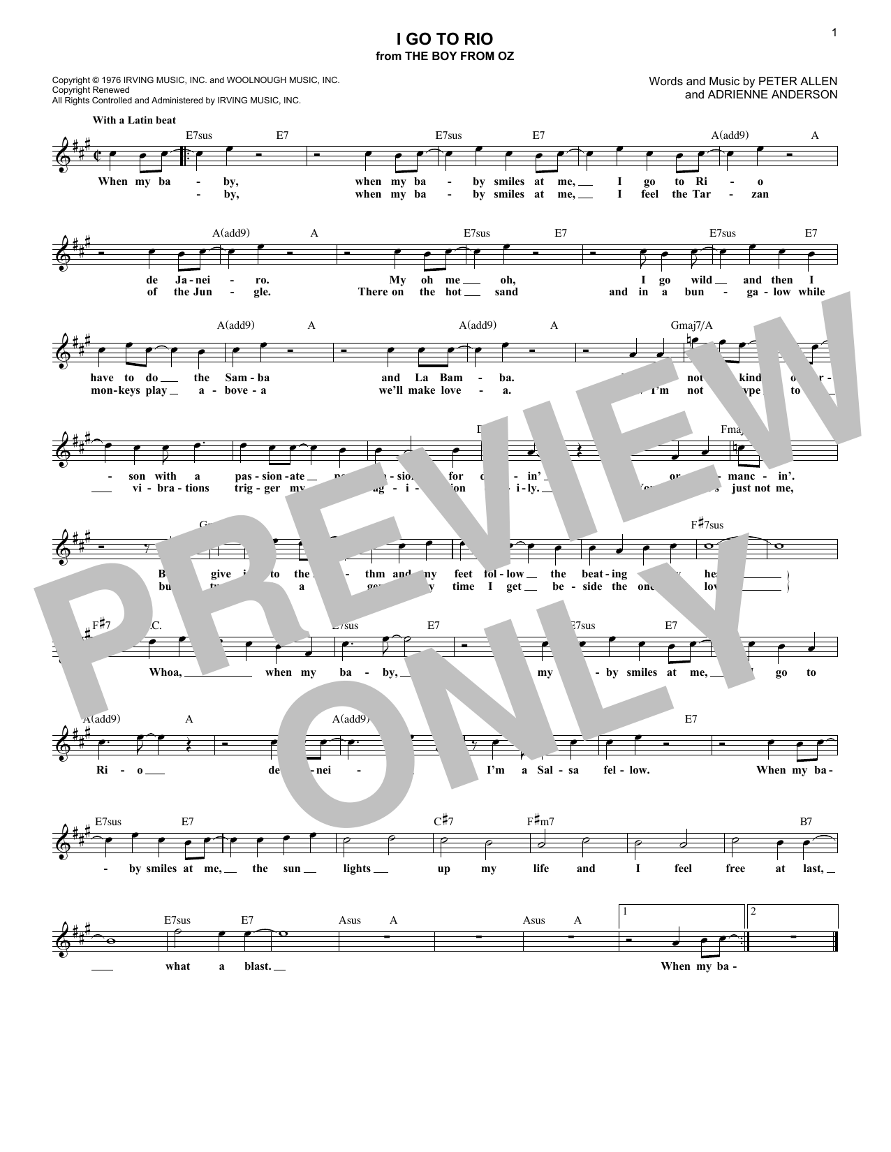 Adrienne Anderson I Go To Rio Sheet Music Notes & Chords for Melody Line, Lyrics & Chords - Download or Print PDF
