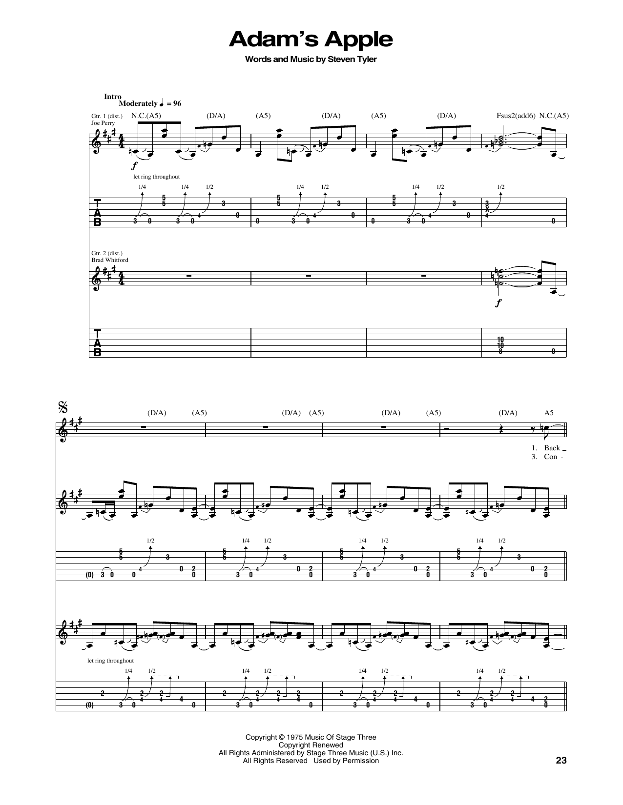 Aerosmith Adam's Apple Sheet Music Notes & Chords for Guitar Tab - Download or Print PDF