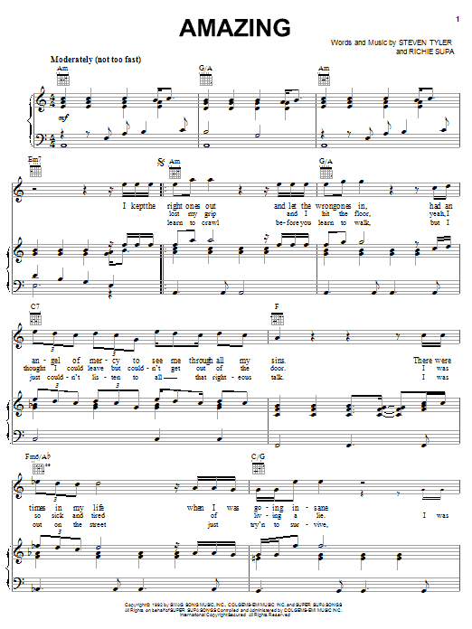 Aerosmith Amazing (It's Amazing) Sheet Music Notes & Chords for Piano, Vocal & Guitar (Right-Hand Melody) - Download or Print PDF