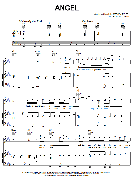 Aerosmith Angel Sheet Music Notes & Chords for Piano, Vocal & Guitar (Right-Hand Melody) - Download or Print PDF