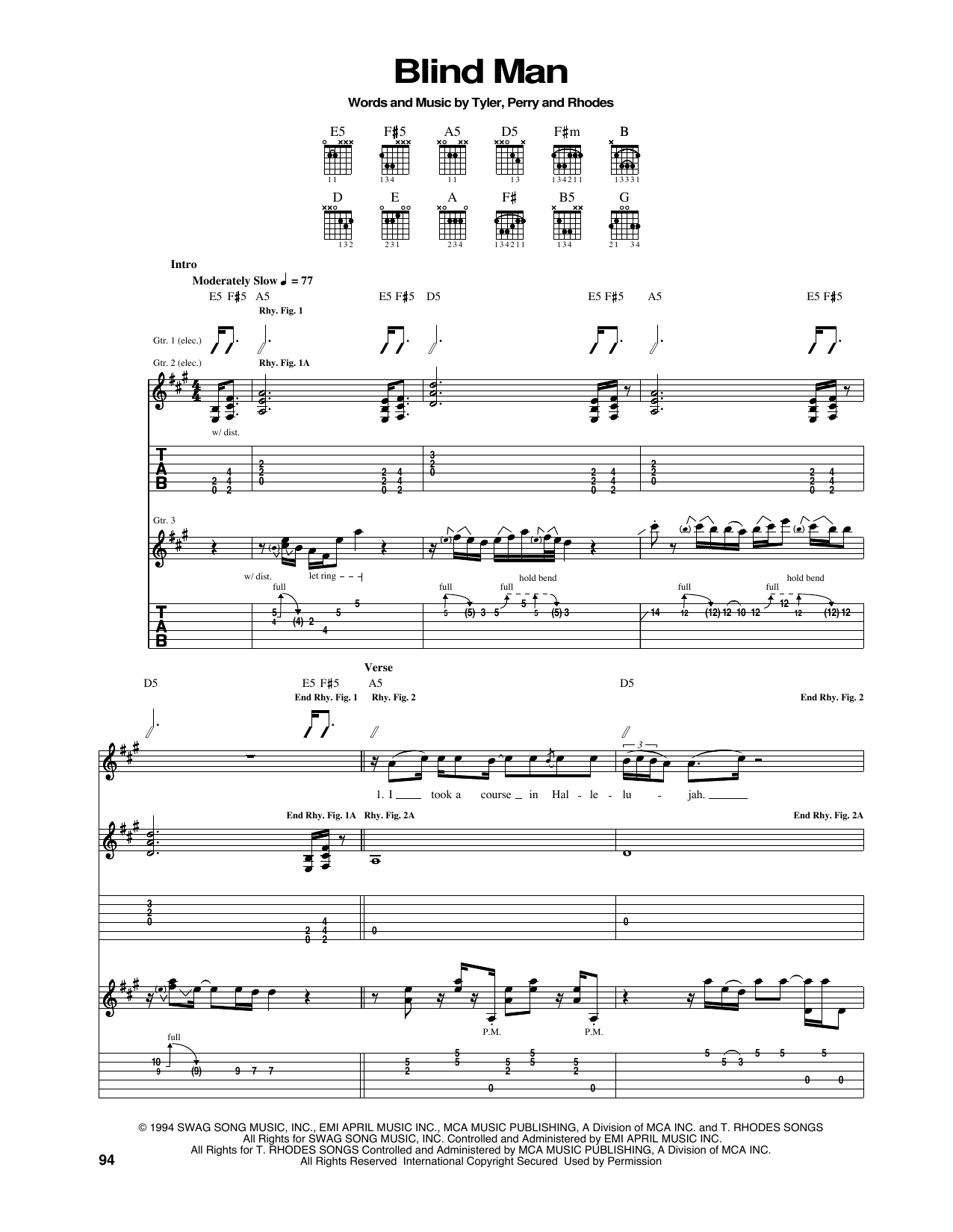 Aerosmith Blind Man Sheet Music Notes & Chords for Piano, Vocal & Guitar Chords (Right-Hand Melody) - Download or Print PDF