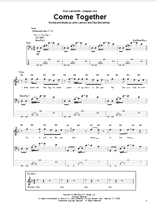 Aerosmith Come Together Sheet Music Notes & Chords for Bass Guitar Tab - Download or Print PDF
