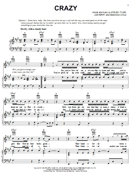 Aerosmith Crazy Sheet Music Notes & Chords for Piano, Vocal & Guitar (Right-Hand Melody) - Download or Print PDF