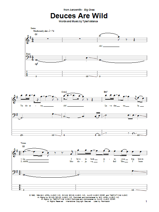 Aerosmith Deuces Are Wild Sheet Music Notes & Chords for Piano, Vocal & Guitar Chords (Right-Hand Melody) - Download or Print PDF