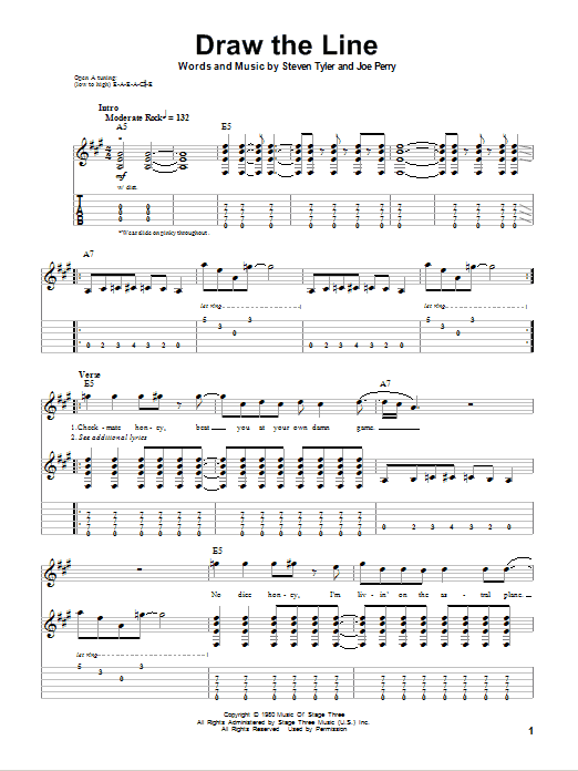 Aerosmith Draw The Line Sheet Music Notes & Chords for Guitar Tab Play-Along - Download or Print PDF