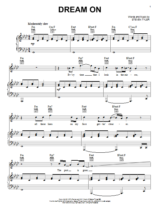 Aerosmith Dream On Sheet Music Notes & Chords for Piano, Vocal & Guitar (Right-Hand Melody) - Download or Print PDF