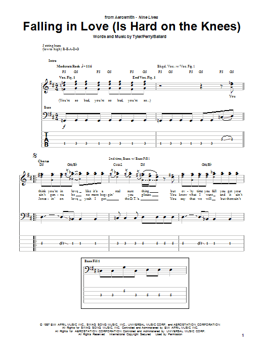 Aerosmith Falling In Love (Is Hard On The Knees) Sheet Music Notes & Chords for Bass Guitar Tab - Download or Print PDF